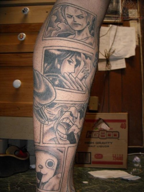 Grey Ink Anime And Pikachu Tattoo On Leg