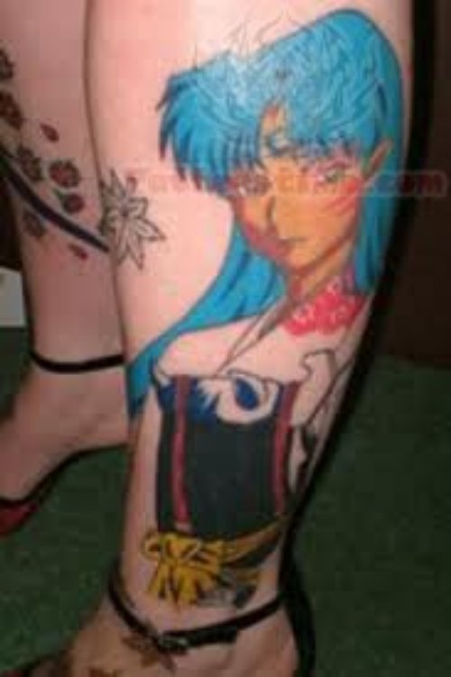 Anime Girl Color Ink Tattoo On Leg