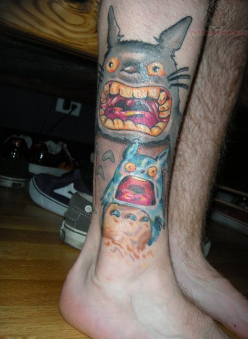 Totoro And Pikachu Anime Tattoo On Leg