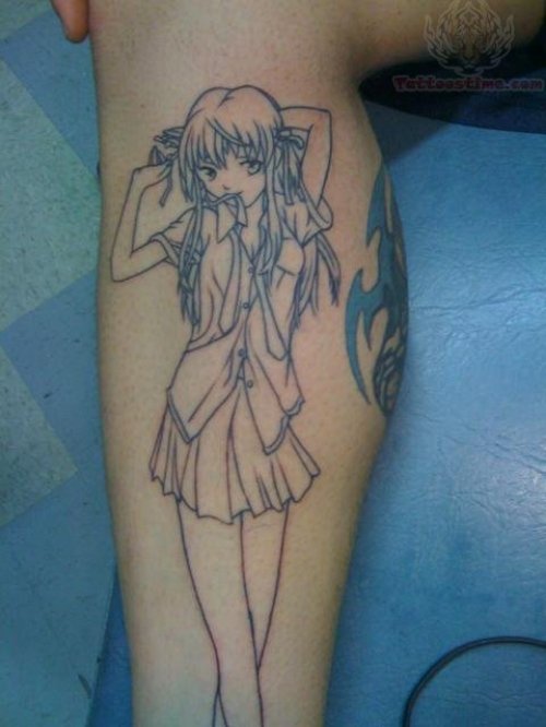 Anime Girl Outline Tattoo On Leg
