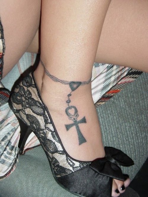 Rosary Ankh Tattoo On Girl Right Foot