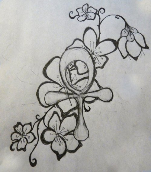 Attractive Flowers and Ankh Tattoo Design