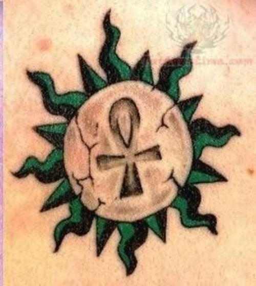 Green Ink Sun And Ankh Tattoo