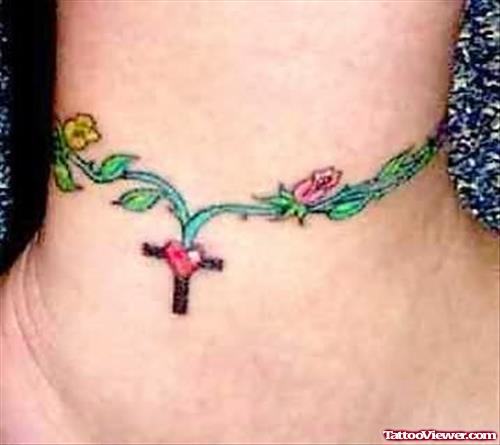 Flowers Vine Leaves Tattoo On Ankle
