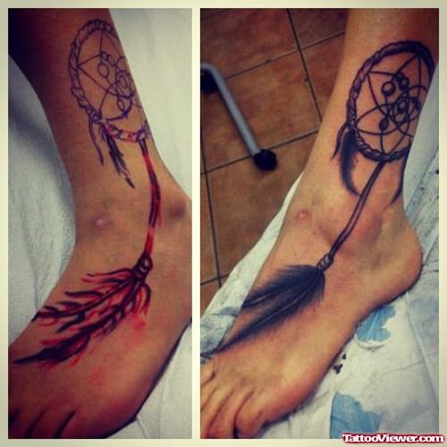 Dream Catcher And Feather Tattoo On Ankle