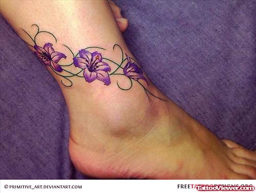 Purple Flowers Ankle Tattoo For Girls