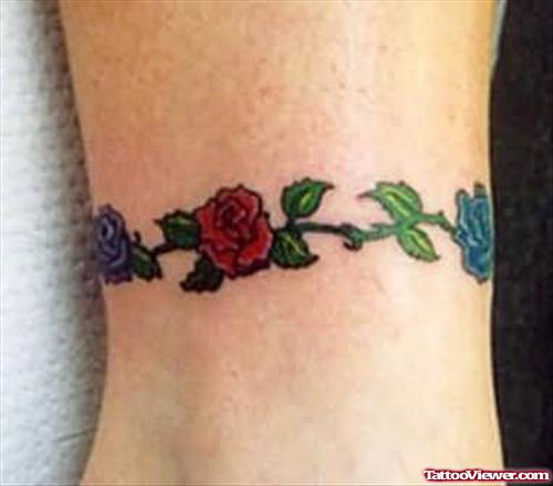 Colored Rose Flowers Ankle Band Tattoo