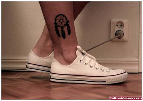Awesome Grey Ink Dreamcatcher Tattoo On Right Ankle