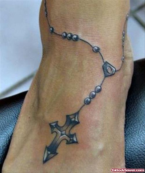 3D Cross Rosary Ankle Tattoo