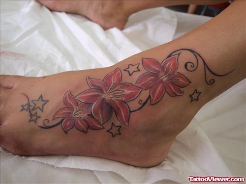 Pink Flowers Left Ankle Tattoo