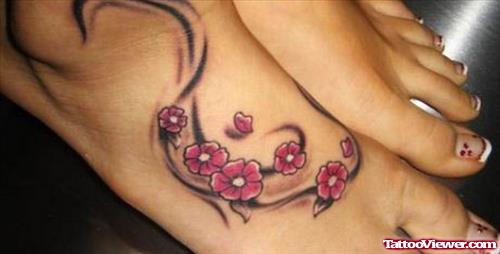 Pink Flowers Right Ankle Tattoo