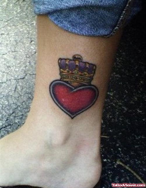 Awesome Crown Red Heart Tattoo On Ankle