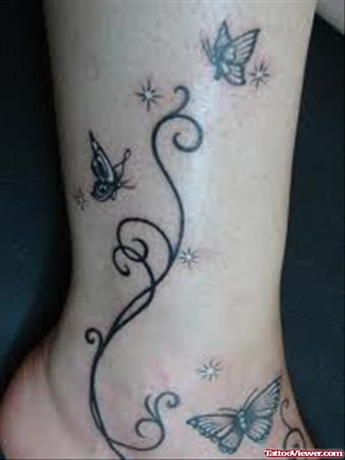 Swirl and Flying Butterflies Ankle Tattoo