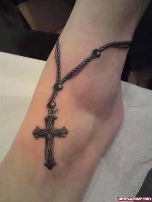 Grey Ink Rosary Cross Ankle Tattoo