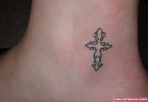 Grey Ink Cross Ankle Tattoo