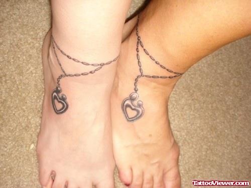 Grey Ink Hearts Rosary Ankle Tattoos