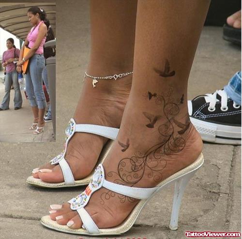 Grey Ink Flying Birds Ankle Tattoo For Girls