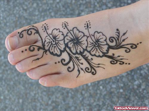 Grey Ink Flowers Ankle Tattoo