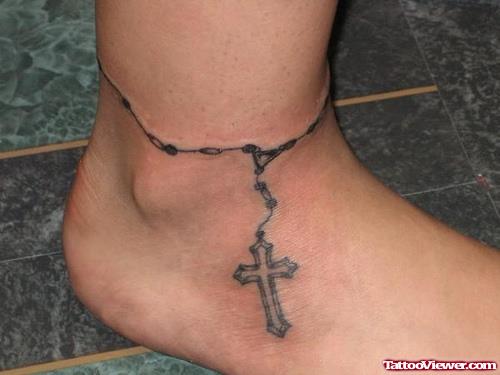 Grey Ink Cross And Ankle Tattoo