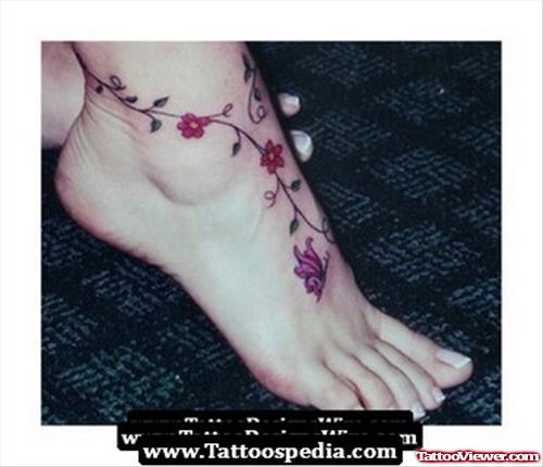 Flying Butterfly And Flowers Ankle Tattoo