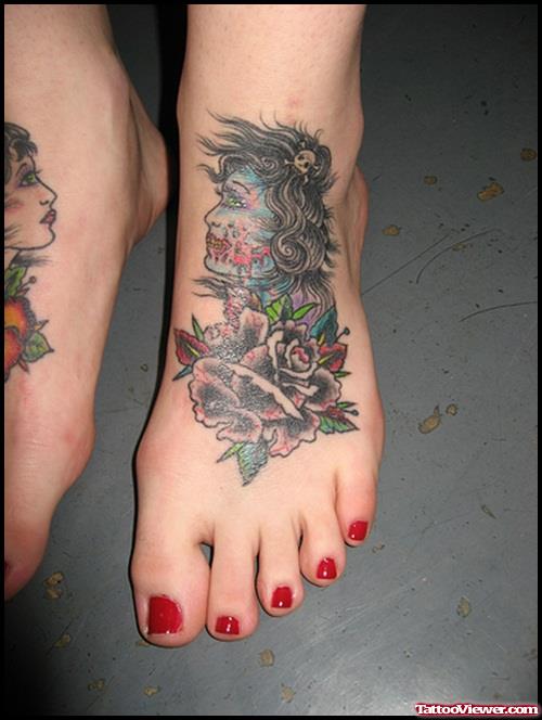 Black Rose And Zombie Ankle Tattoo For Girls