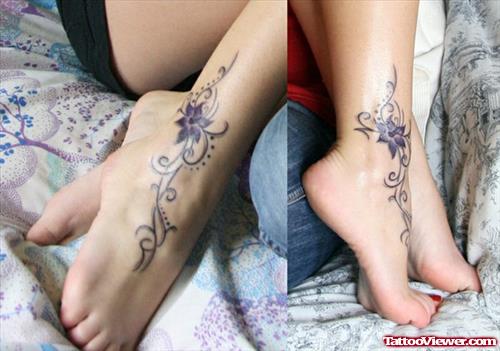 Amazing Grey Flowers Tattoos On Right Ankle