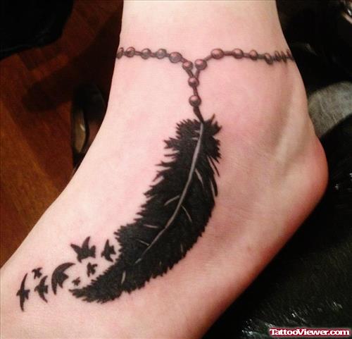 Flying Birds And Black Feather Ankle Tattoo For Girls