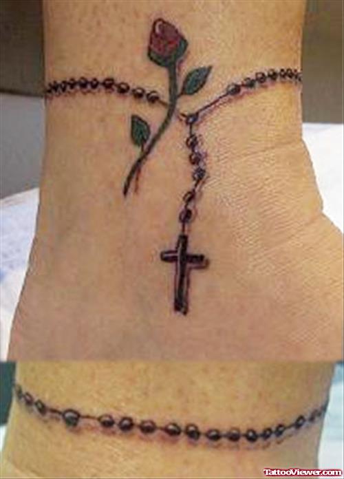 Cross And Rosary Cross Ankle Tattoo
