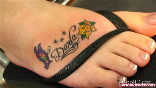 Colored Butterfly And Ankle Tattoo