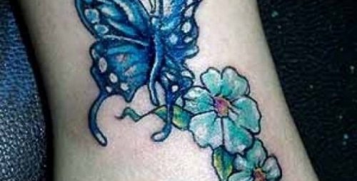 Blue Flowers and Butterfly Ankle Tattoo