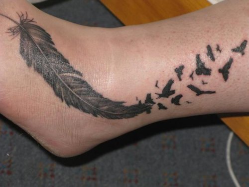 Grey Ink Flying Birds And Feather Ankle Tattoo