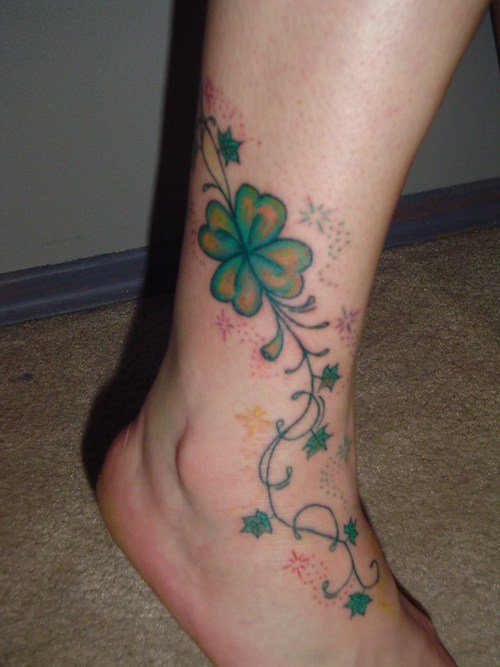 Awesome Green Clover Leaf Ankle Tattoo