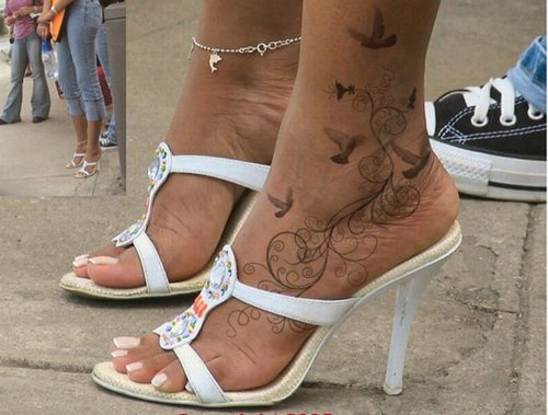 Grey ink Flying Birds Left Ankle Tattoo