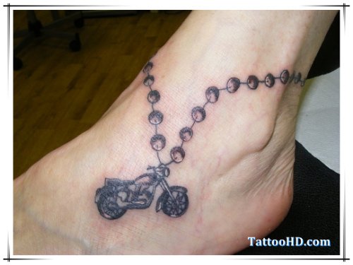 Grey Ink Bike Rosary Ankle Tattoo