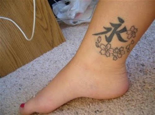 Flowers And Kanji Symbol Ankle Tattoo For Girls