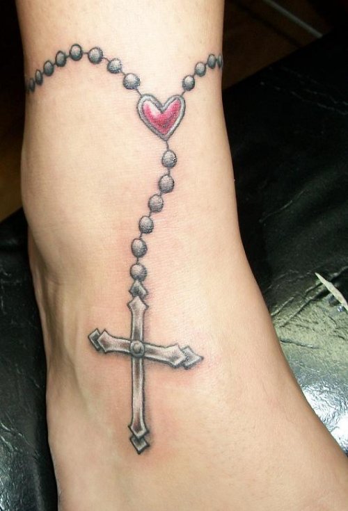 Rosary Cross and HEart Ankle Tattoo