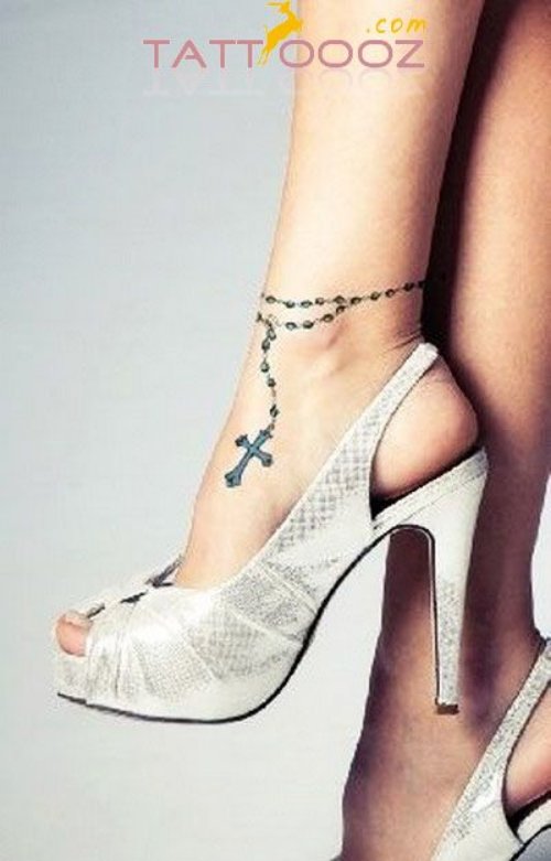 Awesome Rosary Cross Ankle Tattoo
