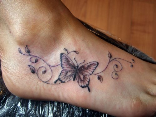 Amazing Grey Ink Butterfly Ankle Tattoo