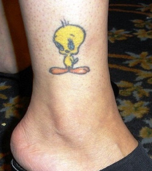 Yellow Ink Tweety Ankle Tattoo