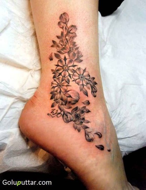 Realistic Flowers Vine Tattoo On Right Ankle