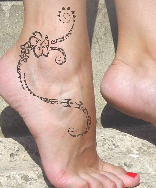Lovely Tribal Flower Tattoo On Ankle For Girls