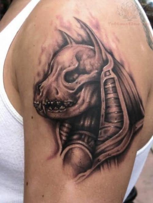 Mechanical Anubis Head Tattoo On Shoulder