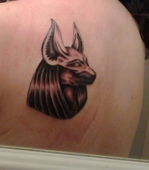 Girl Back SHoulder Anubis Tattoo