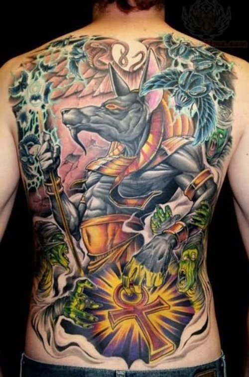 full Back Colored Anubis Tattoo