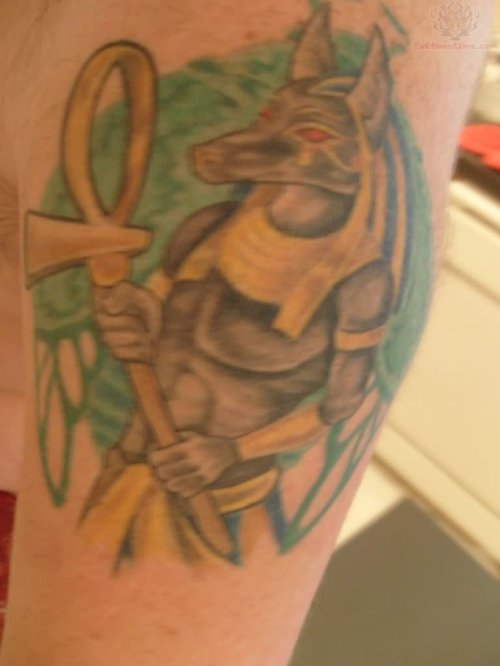 Anubis With Ankh Color Ink Tattoo