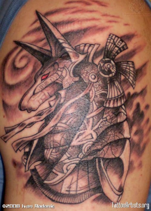 Anubis Grey Ink Tattoo On SHoulder