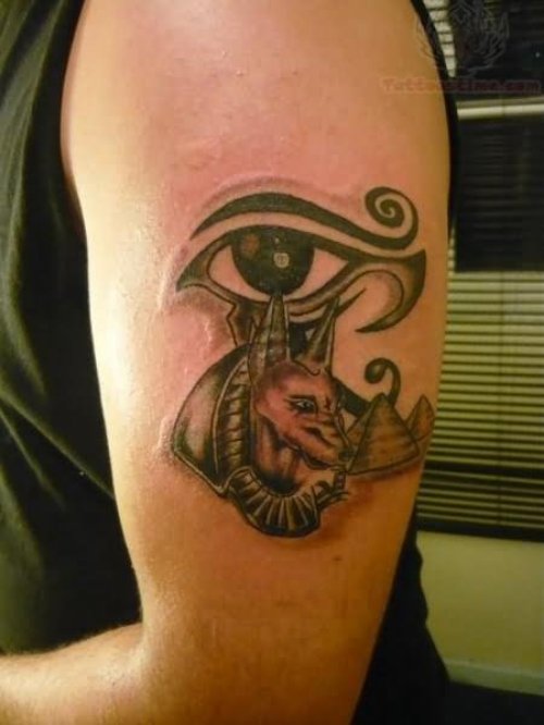 Egyptian Eye And Anubis Tattoo On Bicep