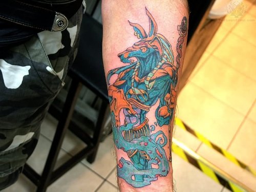 Colored Lord Anubis Tattoo On Arm