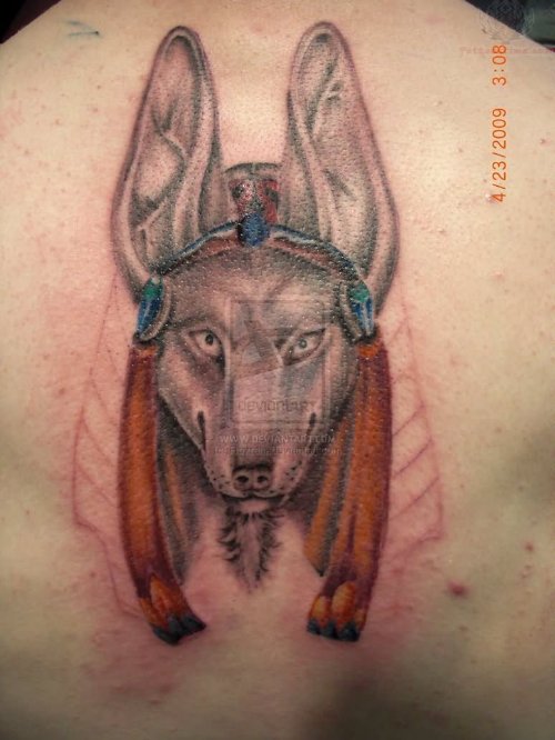 Grey Ink Anubis Head Tattoo On Upperback