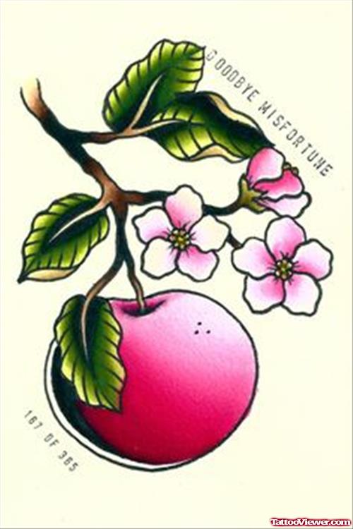 Pink Flowers And Apple Tattoo Design